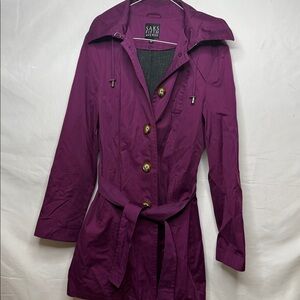 Saks Fifth Avenue purple belted New York button down trench coat with hood sz S